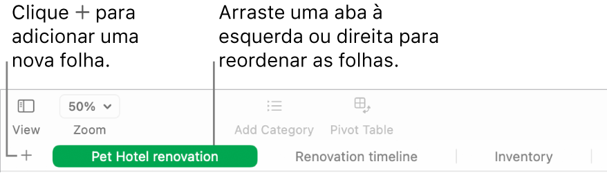 Janela do Numbers mostrando como adicionar uma nova folha e como reordenar as folhas.