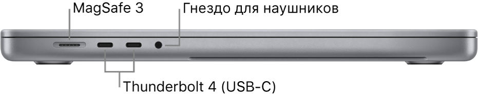 16-дюймовый MacBook Pro, вид слева. Показан разъем MagSafe 3, два разъема Thunderbolt 4 (USB-C) и аудиоразъем для наушников.
