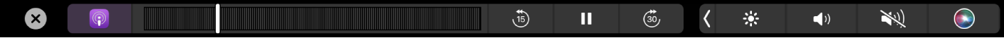 Touch Bar pre Podcasty počas prehrávania podcastu.