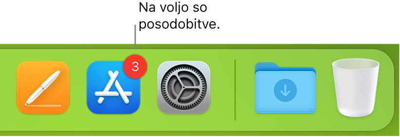 Del vrstice Dock, ki prikazuje ikono trgovine App Store z značko, kar pomeni, da so na voljo posodobitve.