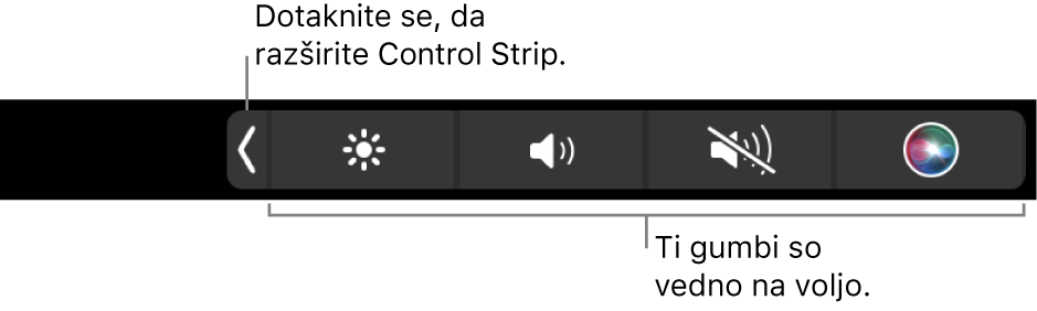Delni zaslon privzete vrstice Touch Bar, ki prikazuje strnjeno Control Strip z gumbi, ki so vedno na voljo: svetlost, glasnost in izklop zvoka. Tapnite gumb za razširitev, da prikažete celotno vrstico Control Strip.