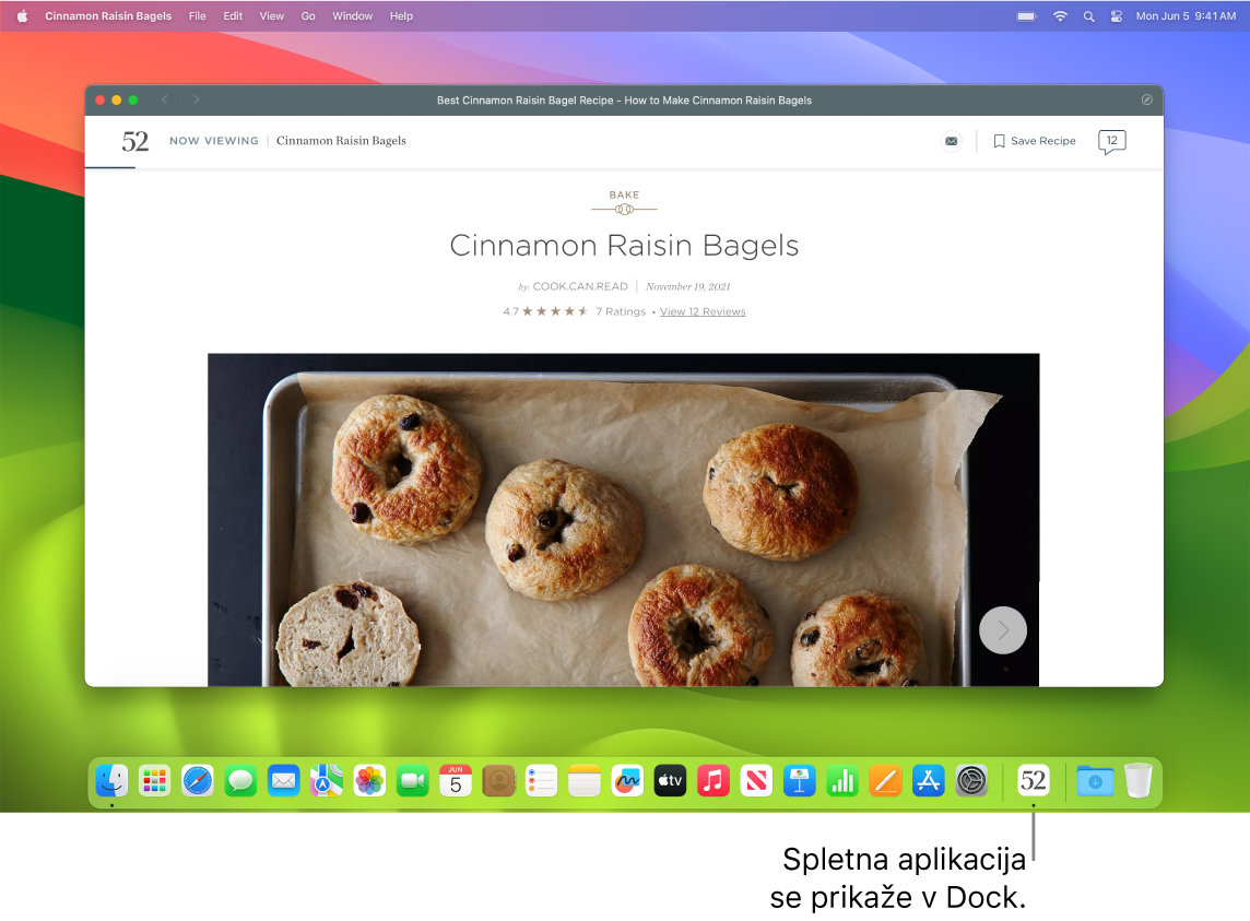 Odprta spletna aplikacija z ikono v vrstici Dock.