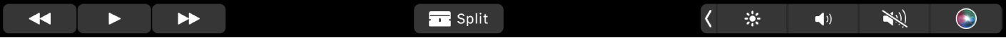 Смуга Touch Bar для програми iMovie, коли відтворюється уривок. Наявні кнопки для перемотування назад, уперед, відтворення, розділення та регулювання гучності.