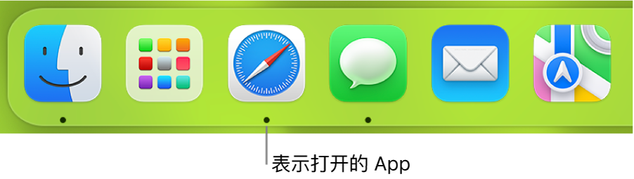 程序坞的一部分,显示打开的 App 下面的黑色圆点。