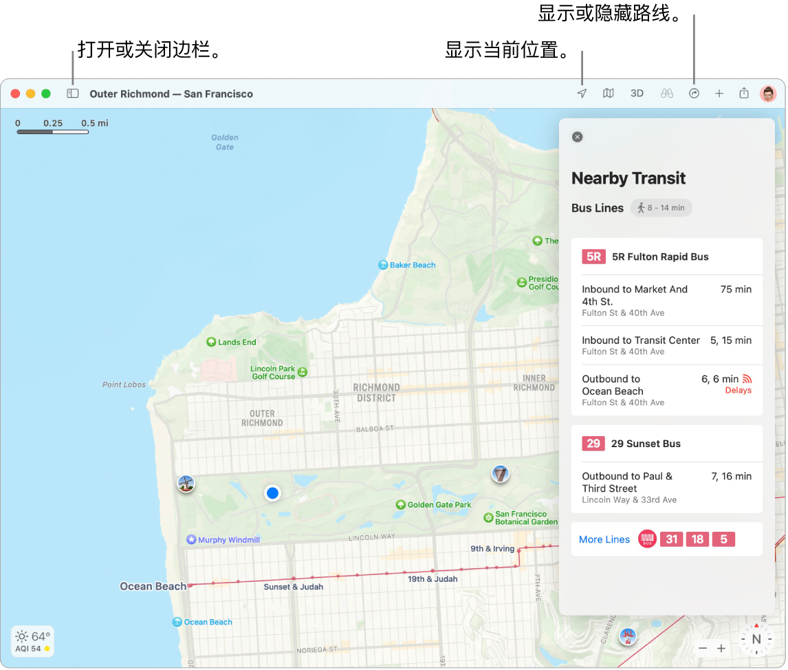 “地图”窗口,显示如何通过点按边栏中的目的地来获取路线、如何打开或关闭边栏以及如何在地图上查找你的当前位置。