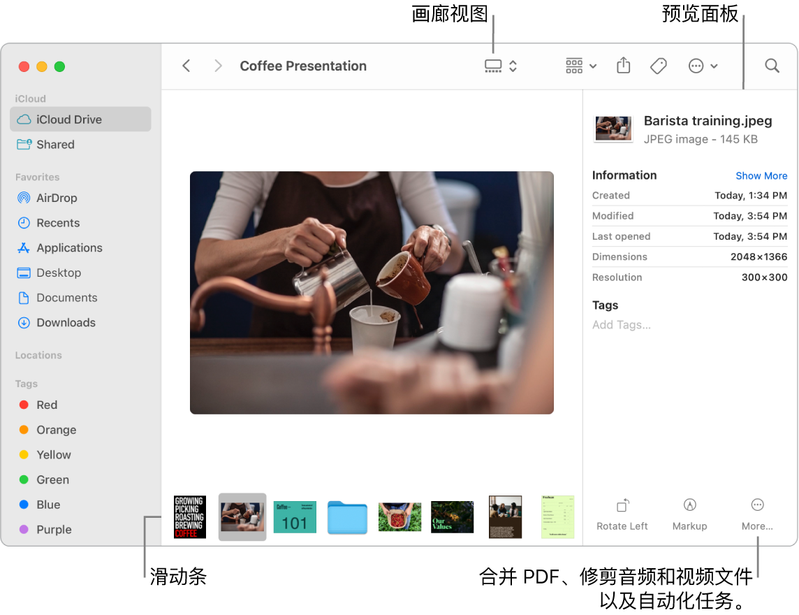 打开的“访达”窗口,处于“画廊视图”,显示了一张较大的照片,其下方是一排较小的照片,即滑动条。滑动条右侧是旋转、标记等控制。
