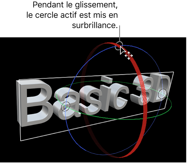 Visualiseur affichant un titre 3D avec un cercle de rotation à l’écran