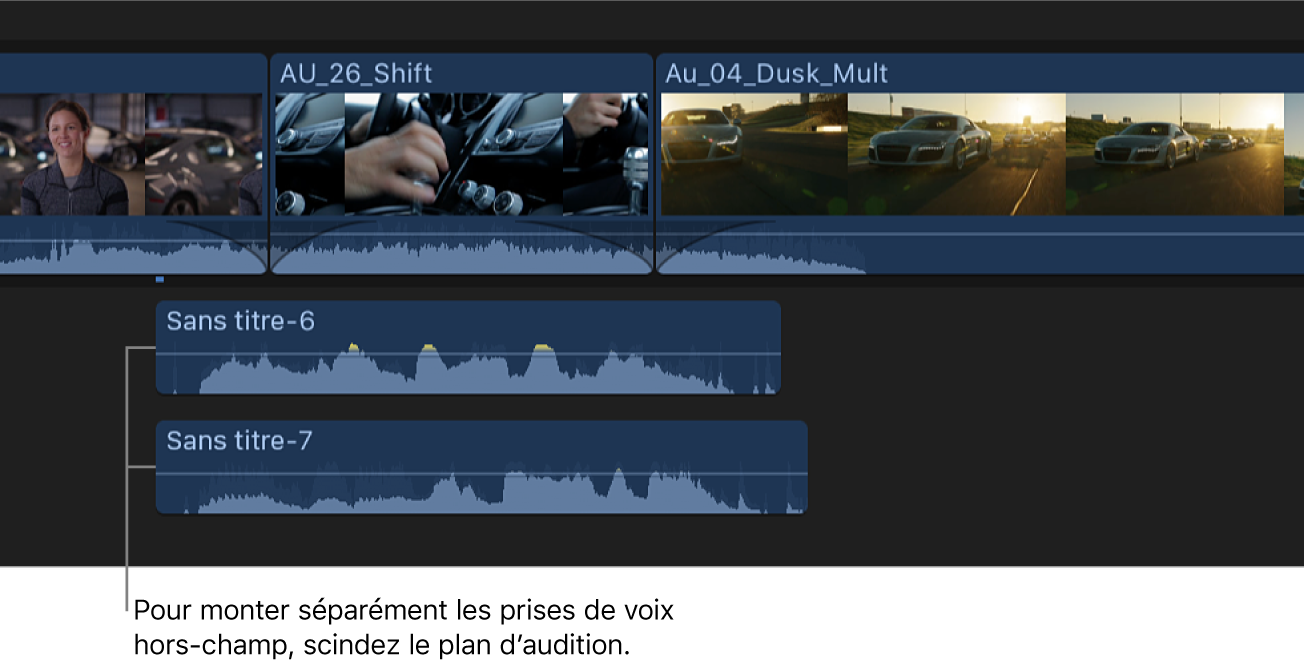 Timeline présentant un plan d’audition de voix off scindé en plusieurs plans