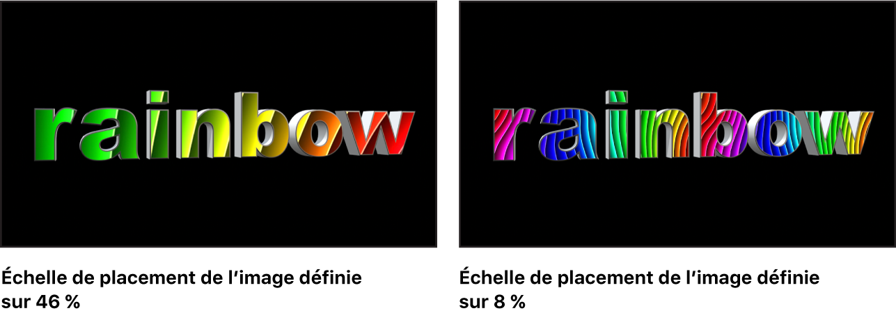 Canevas affichant un texte 3D avec une image positionnée dont l’échelle est réglée sur 80 % et une autre dont l’échelle est réglée sur 22 %