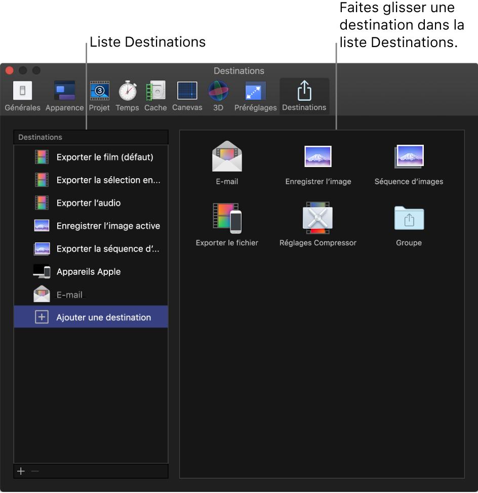 Fenêtre Réglages de Motion affichant la fenêtre Destinations
