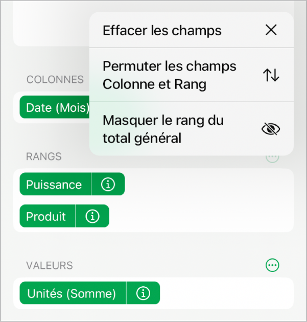 Le menu « Options du champ » affichant les commandes permettant de masquer les totaux généraux, de permuter les champs Colonne et Rang, et d’effacer des champs.