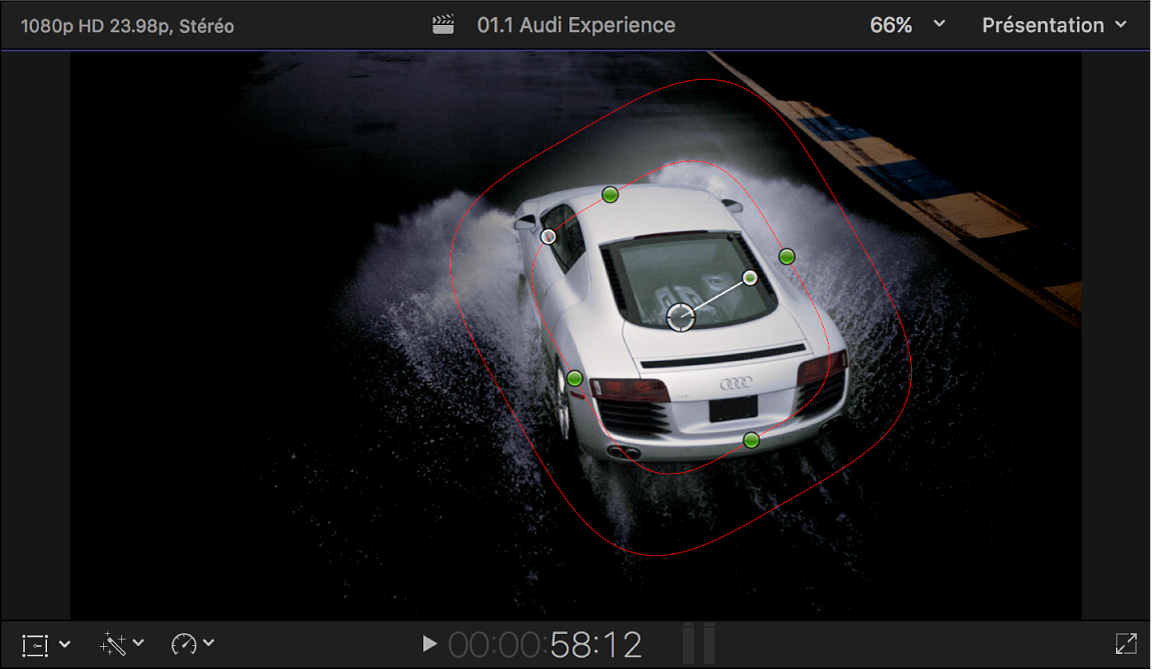 Visualiseur affichant un masque de forme placé autour d’une image de voiture ; tous les éléments à l’extérieur du masque sont assombris