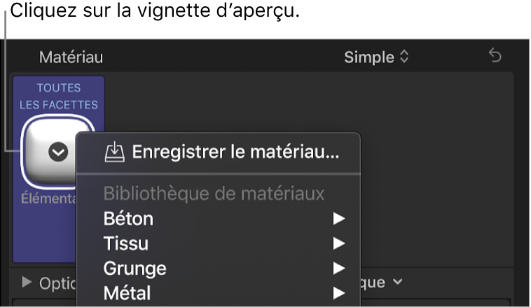 Section Texte 3D de l’inspecteur de texte affichant le menu local des préréglages de matériau