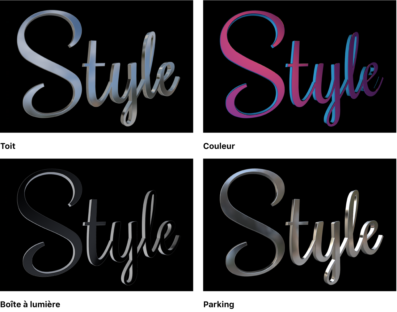 Titre 3D avec quatre environnements d’éclairage différents dans le visualiseur : Toit, Couleur, Boîte à lumière et Parking