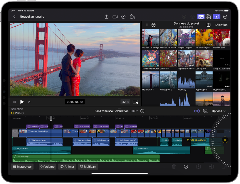 Fenêtre Final Cut Pro pour iPad affichant le visualiseur, le navigateur et la timeline.