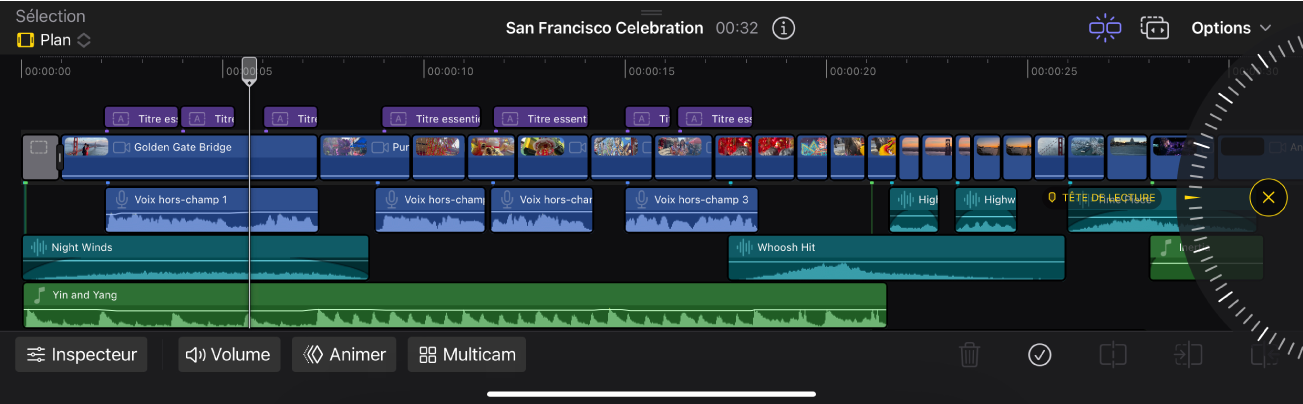 Timeline magnétique de Final Cut Pro pour iPad affichant des plans vidéo, audio et de musique