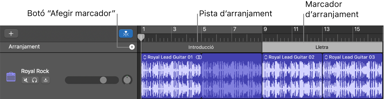 Pista d’arranjament, amb el botó “Afegir marcador” i el passatge Arranjament.