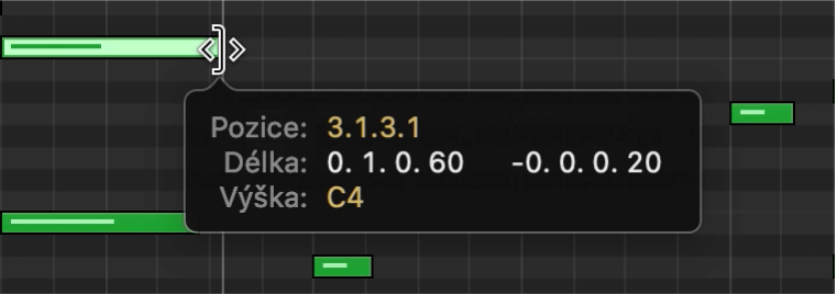 Změna délky tónu v editoru pianolového pásu