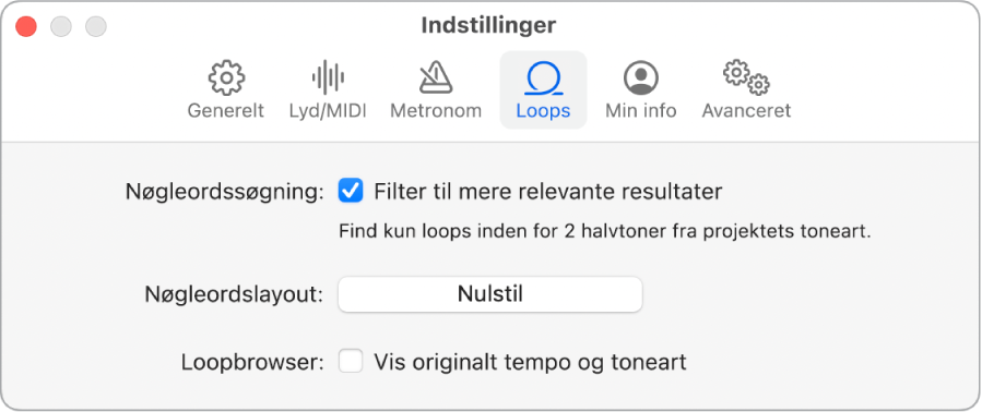 Vinduet med indstillinger til Loops.