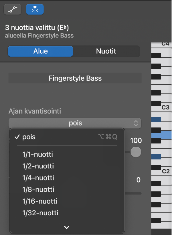 Arvon valitseminen Pianorullaeditori-inspektorin Ajan kvantisointi ‑ponnahdusvalikosta.