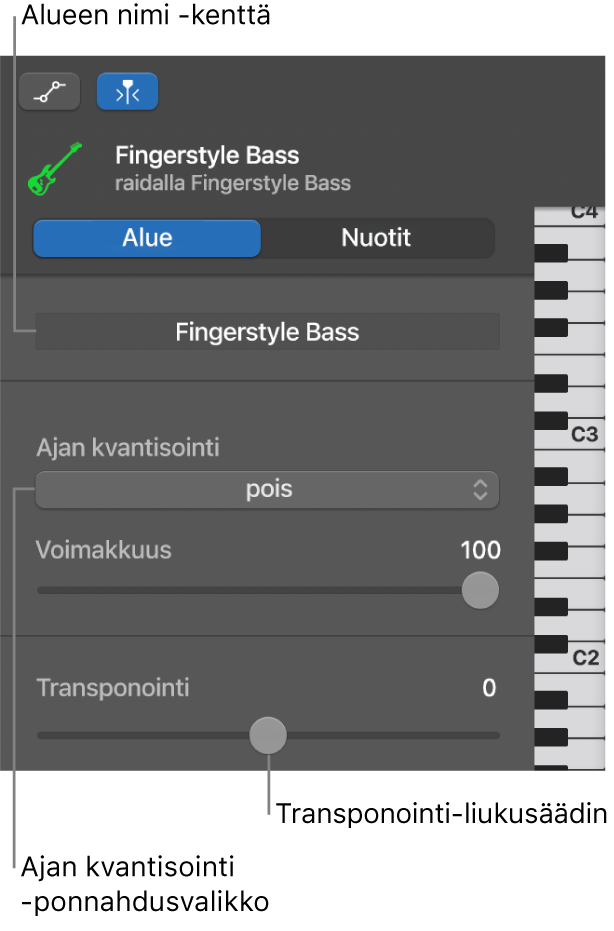 Pianorullaeditori-inspektori Alue-tilassa, jossa näkyvät säätimet.