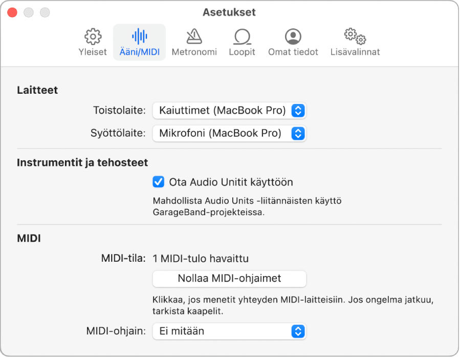 Ääni/MIDI-asetusosio.
