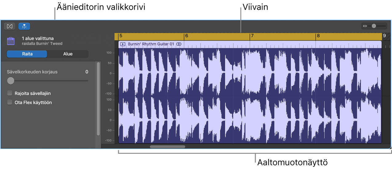 Äänieditori, jossa on alue valittuna.