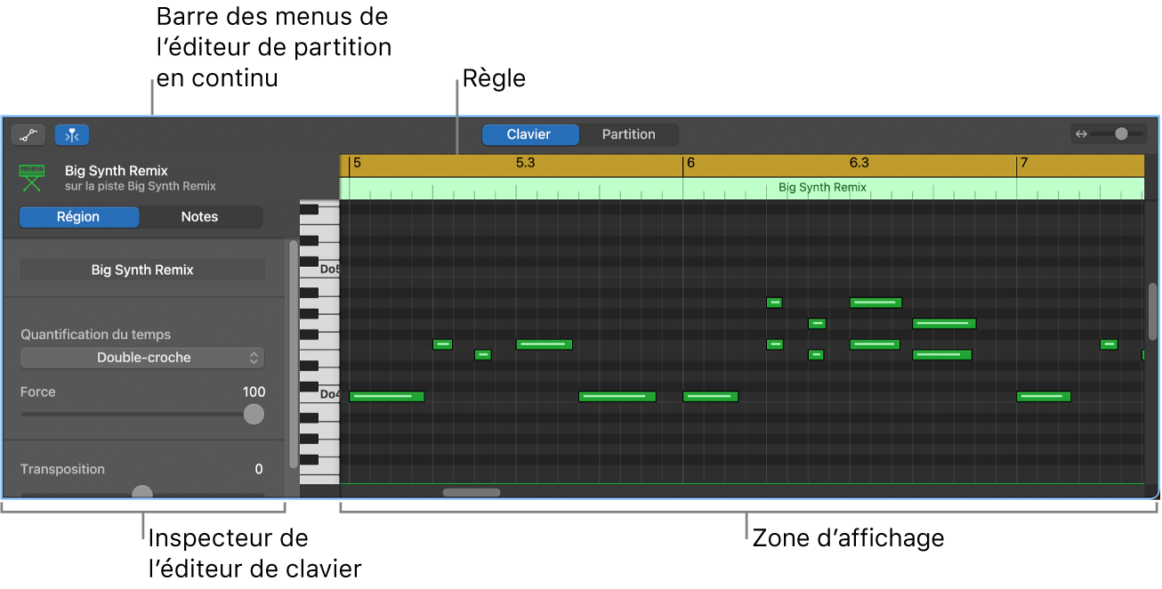 Éditeur de partition défilante, avec mise en évidence d’un évènement de note MIDI.