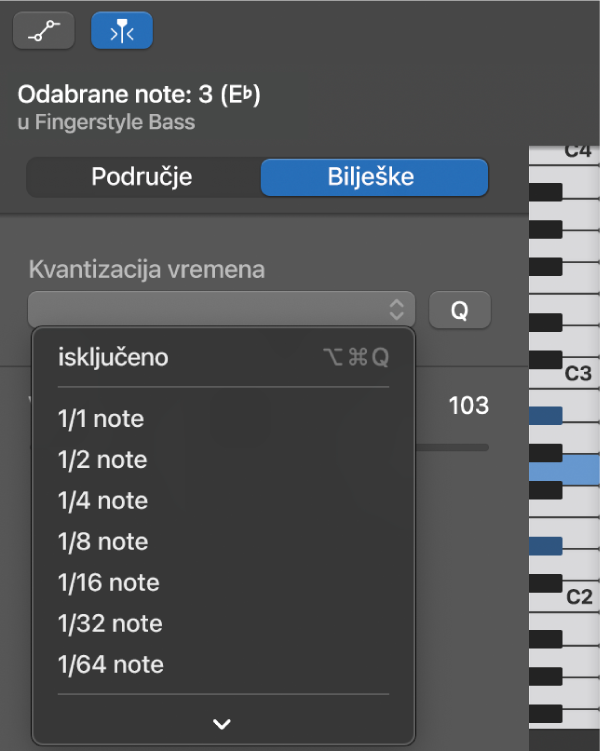 Odabir vrijednosti sa skočnog izbornika Kvantizacija vremena u inspektoru Urednika nota klavijature.