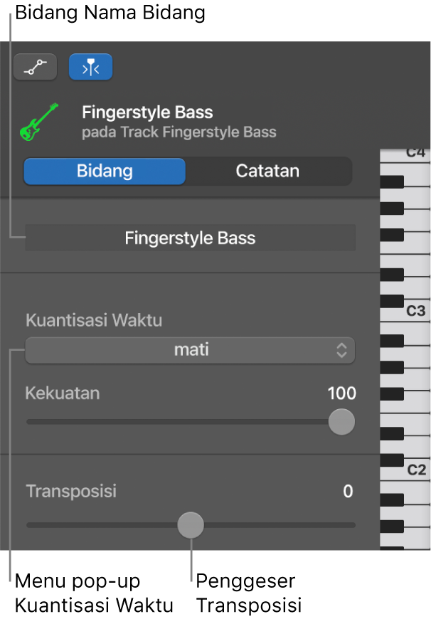 Inspektur Editor Rol Piano dalam mode Bidang, yang menampilkan kontrol.
