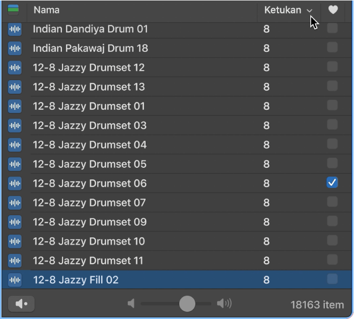 Menunjuk ke header kolom Ketukan di Browser Loop.