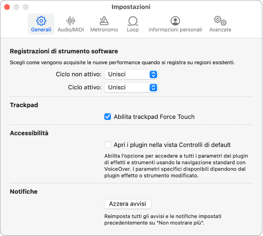 Pannello delle impostazioni Generali.
