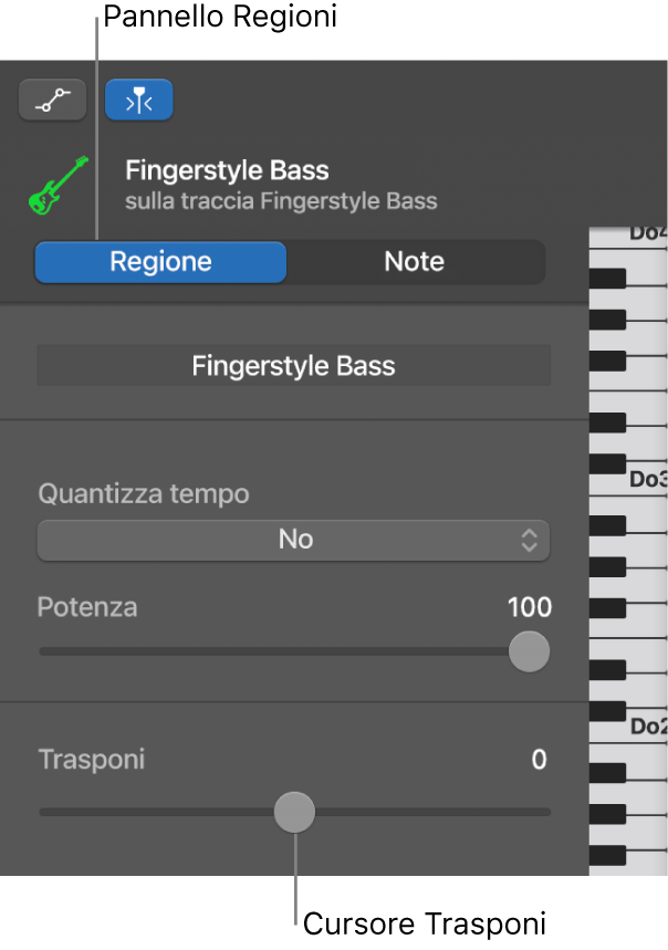 Inspector “Editor Piano roll”, con pulsante Regione e cursore Trasponi.