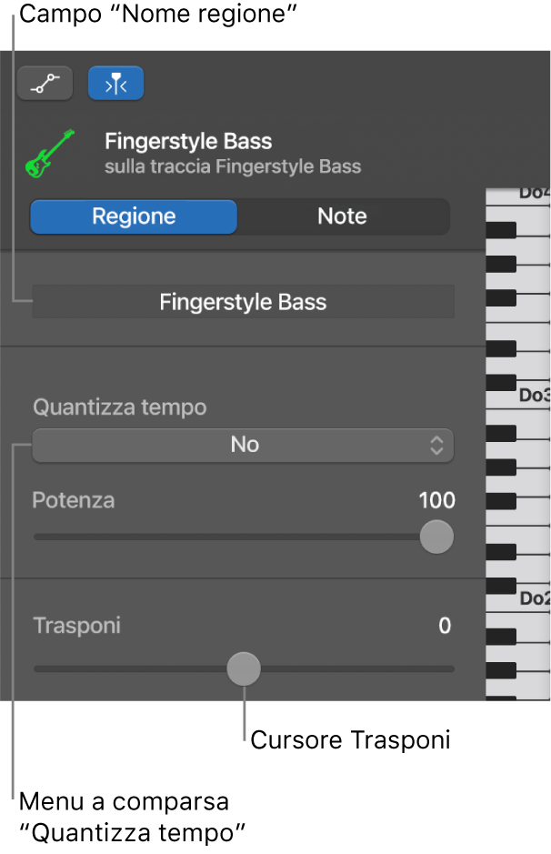Inspector “Editor Piano roll” in modalità Regione, con i controlli.