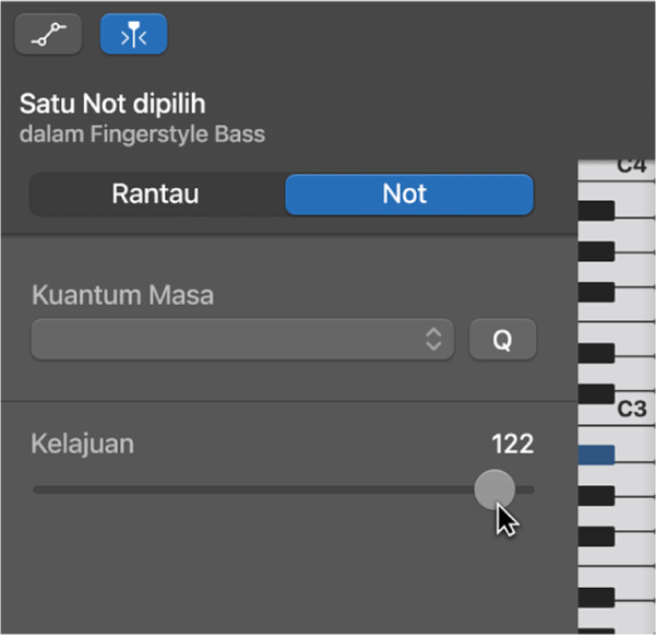 Mengedit kelajuan not dalam Editor Lembaran Piano.