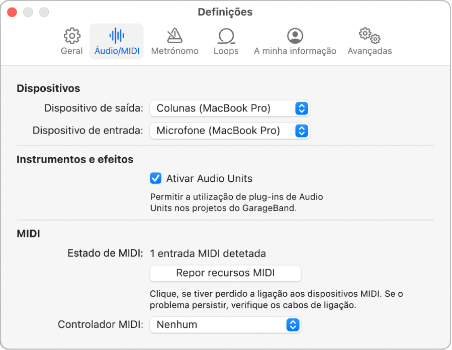 Painel de definições de áudio/MIDI.