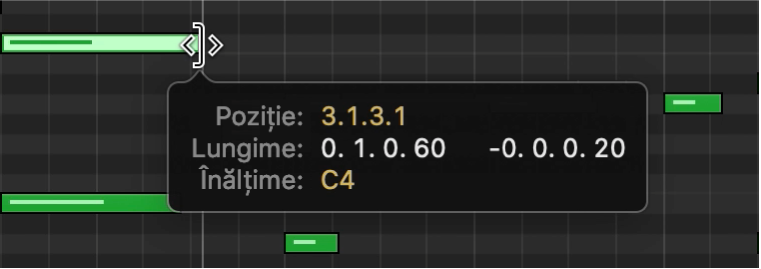 Redimensionarea unei note în editorul Rolă pian.
