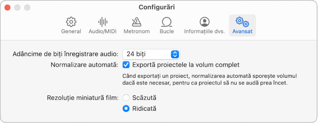 Panoul Configurări Avansat.