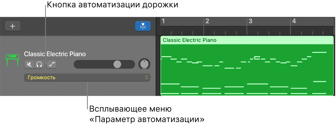 Кнопка автоматизации дорожки и всплывающее меню «Параметр автоматизации» в заголовке дорожки.