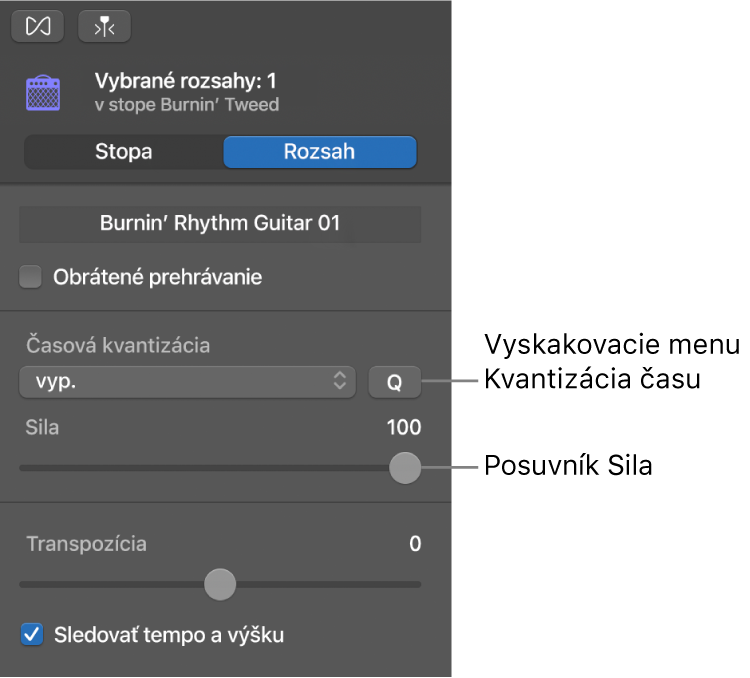 Inšpektor Editora audia znázorňujúci vyskakovacie menu Kvantizácia času a posuvník Sila.