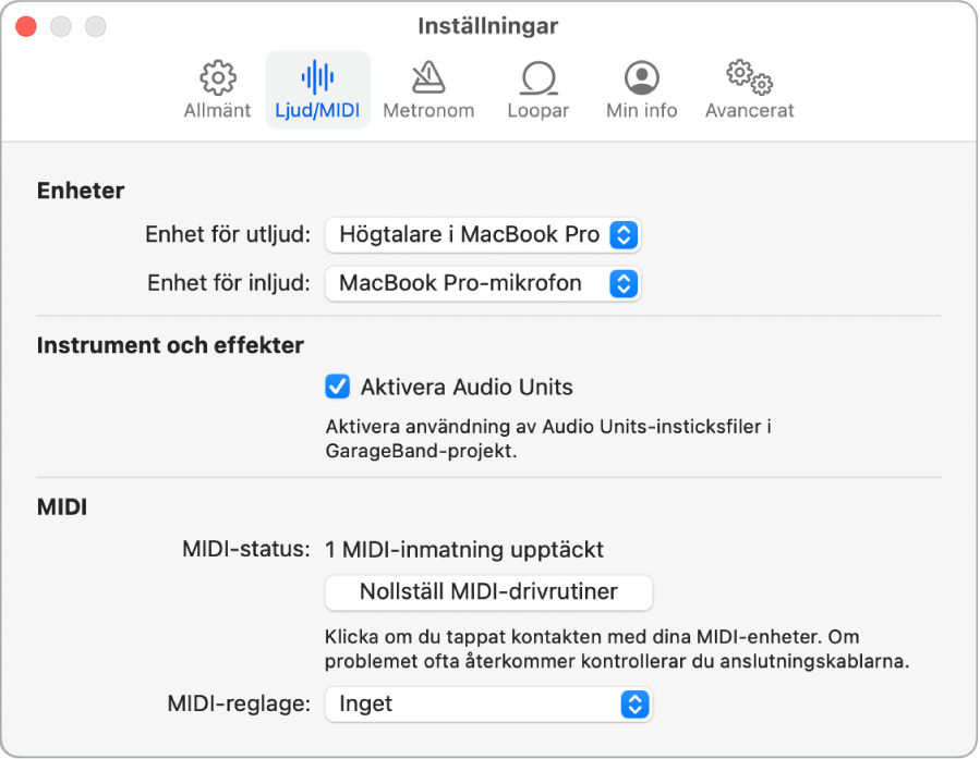 Inställningspanelen Ljud/MIDI.