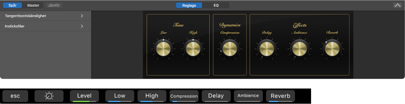 Bild. Smart Controls för spår med programvaruinstrument och dynamiska kortkommandon för Smart Controls-skärmen.