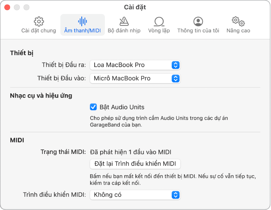 Khung cài đặt Âm thanh/MIDI.