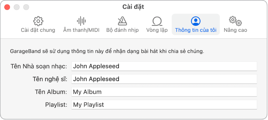 Khung cài đặt Thông tin của tôi.