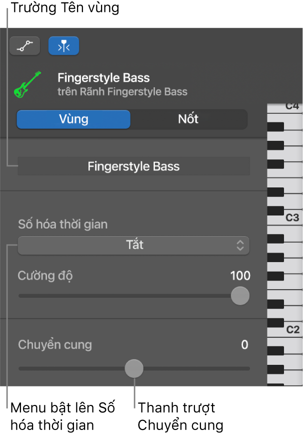 Trình kiểm tra Trình sửa cuộn piano trong chế độ Vùng, đang hiển thị các điều khiển.