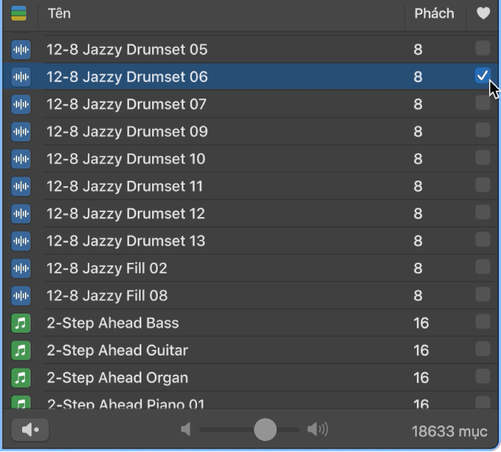 Hộp kiểm Mục ưa thích trong Trình duyệt vòng lặp.