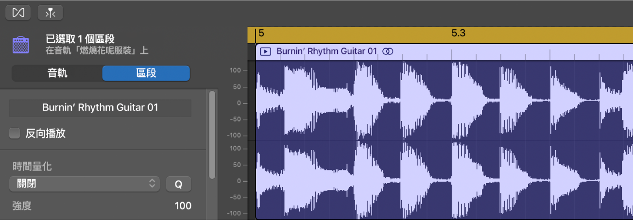 顯示「區段」控制項目的「音訊編輯器」檢閱器。