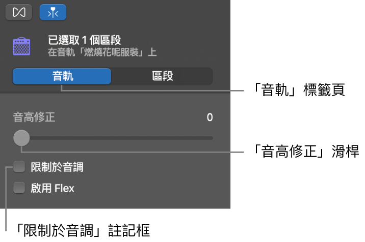「音軌」模式中的「音訊編輯器」檢閱器,顯示「音高修正」滑桿和「限制於音調」註記框。