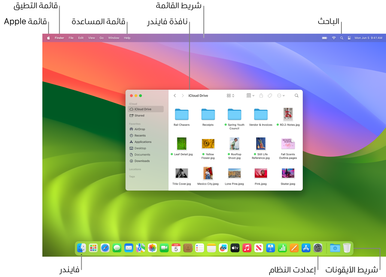 شاشة Mac تعرض قائمة Apple وقائمة التطبيق وقائمة المساعدة ونافذة فايندر وشريط القائمة وأيقونة الباحث وأيقونة فايندر وأيقونة إعدادات النظام وشريط الأيقونات.