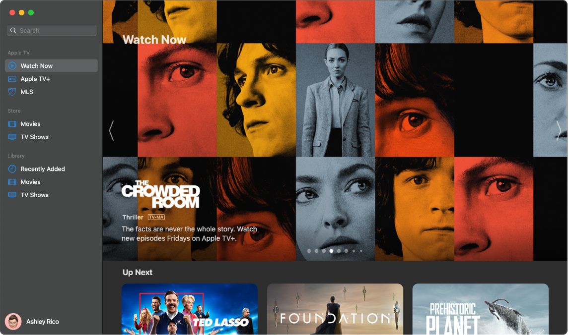 نافذة في تطبيق Apple TV تُظهر عرض المشاهدة الآن.